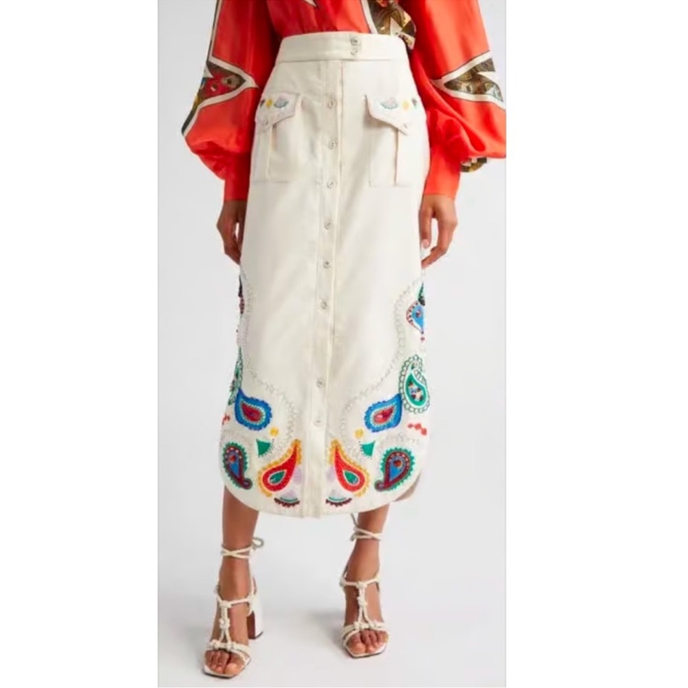 Alemais Cream Midi Skirt with Multicolor Paisley Embroidery